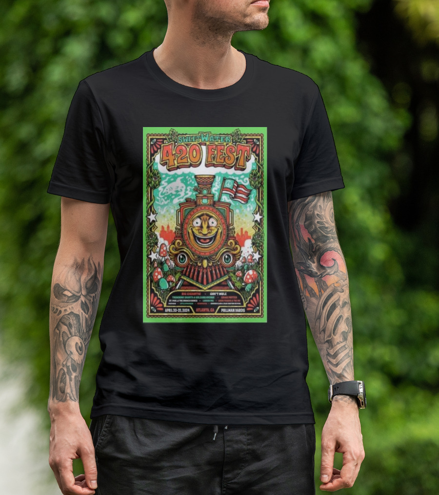 SweetWater 420 Fest Pullman Yards Atlanta GA April 20-21 2024 Train Engine Red White Flag Psychedelic Mushrooms Stars T-Shirt