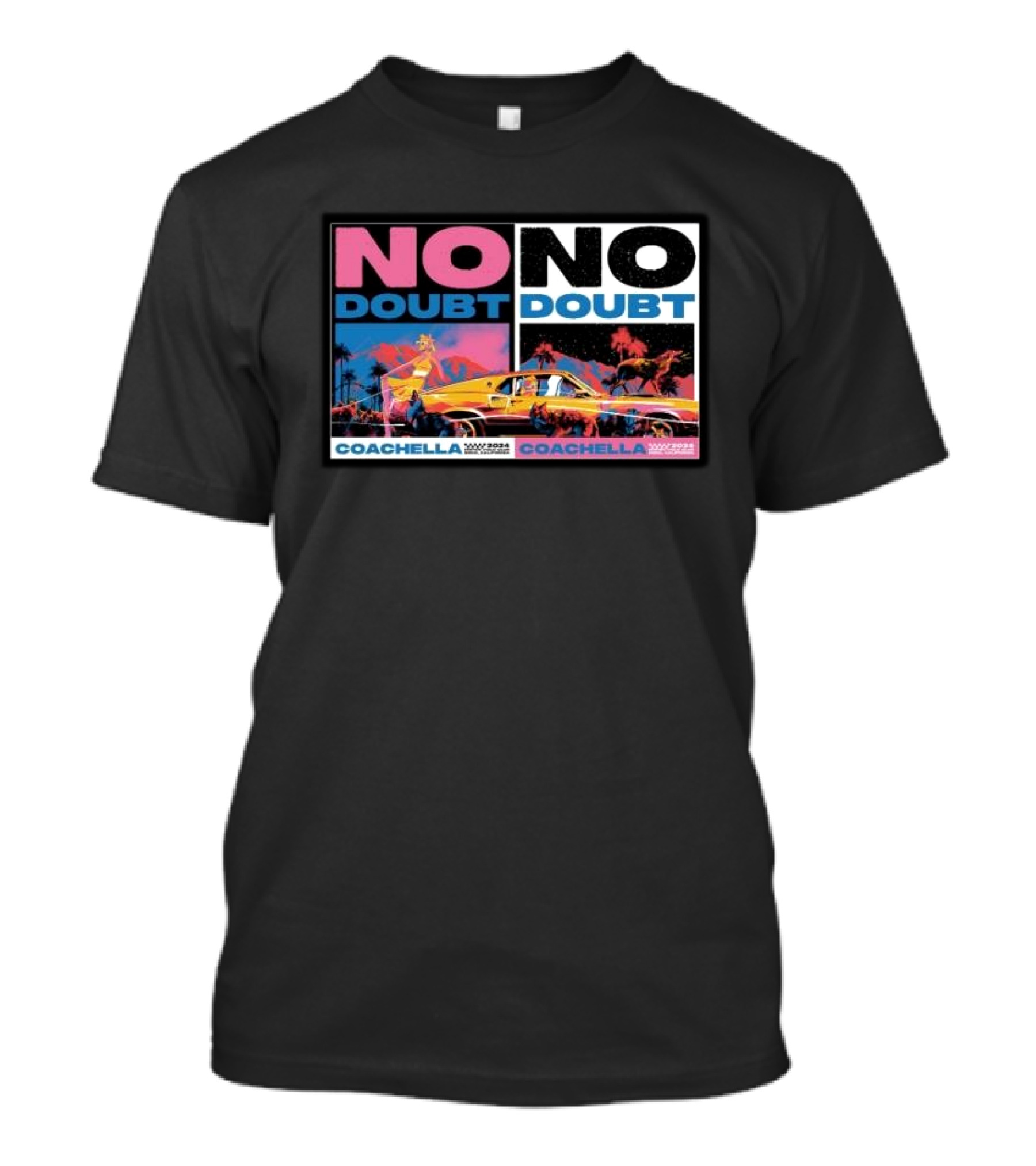 No Doubt Coachella 2024 Palm Trees Retro Car Vibrant Colors T-Shirt