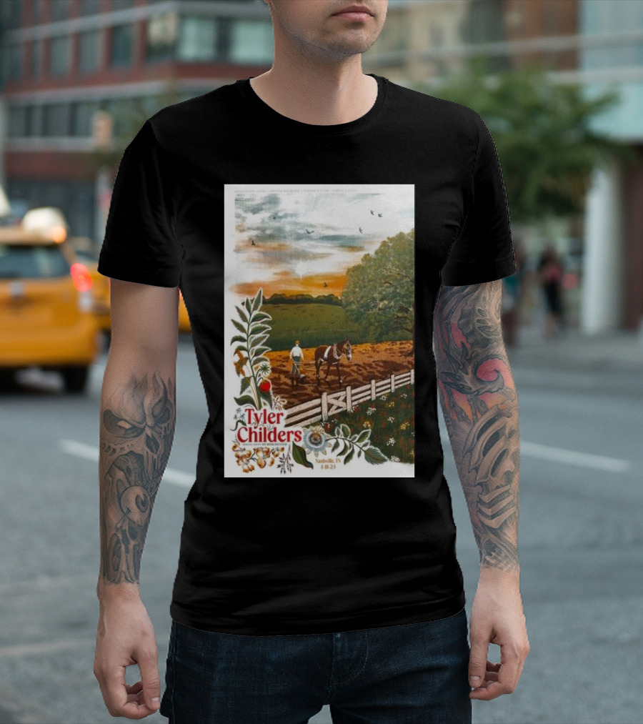 Tyler Childers Nashville TN 4 18 23 Horse Farm Scene With Flowers T-Shirt