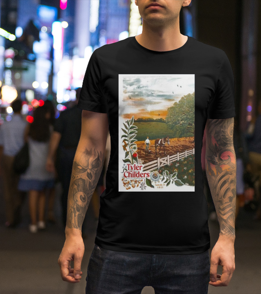 Tyler Childers Nashville TN 4 18 23 Horse Farm Scene With Flowers T-Shirt