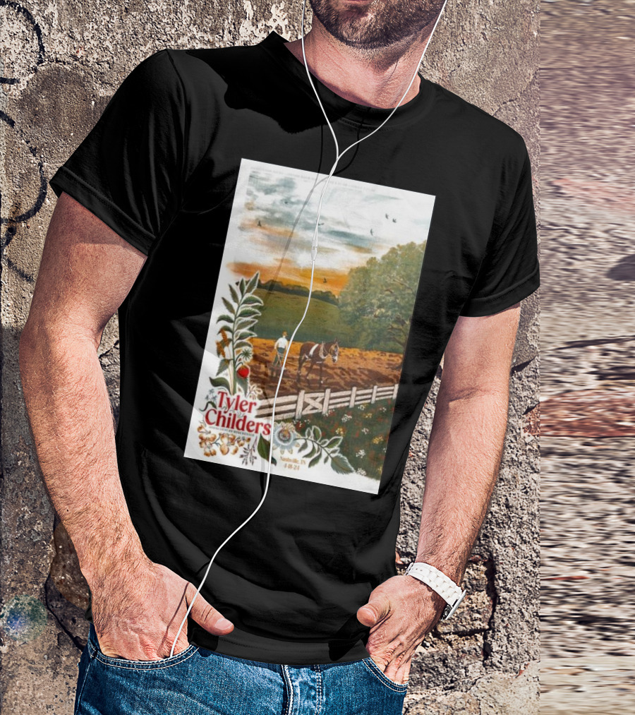 Tyler Childers Nashville TN 4 18 23 Horse Farm Scene With Flowers T-Shirt