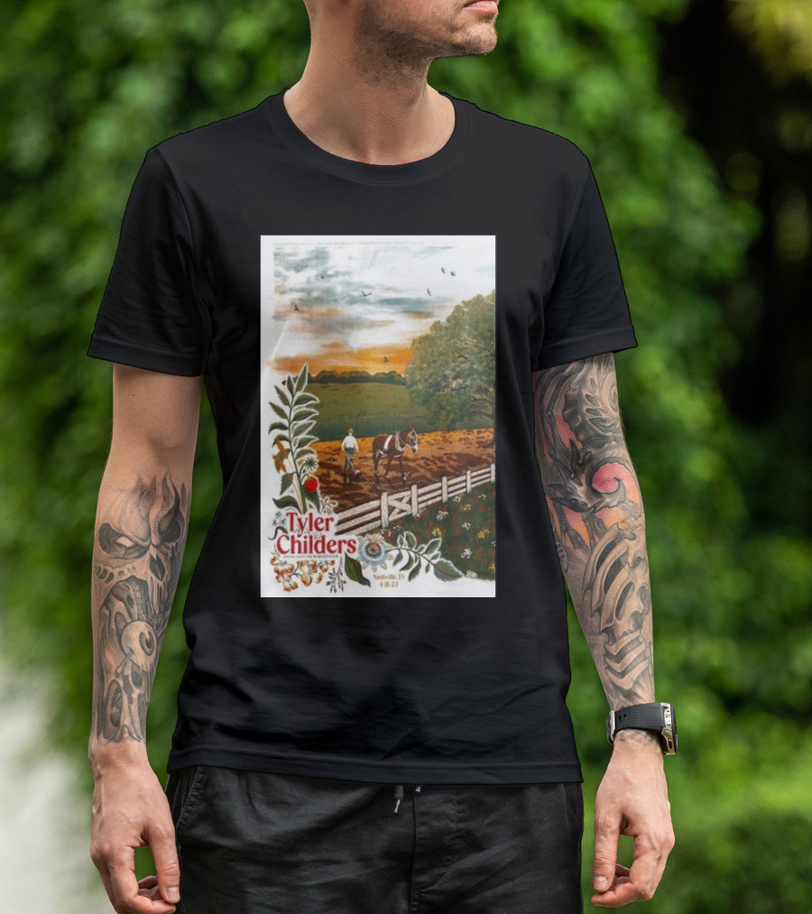 Tyler Childers Nashville TN 4 18 23 Horse Farm Scene With Flowers T-Shirt