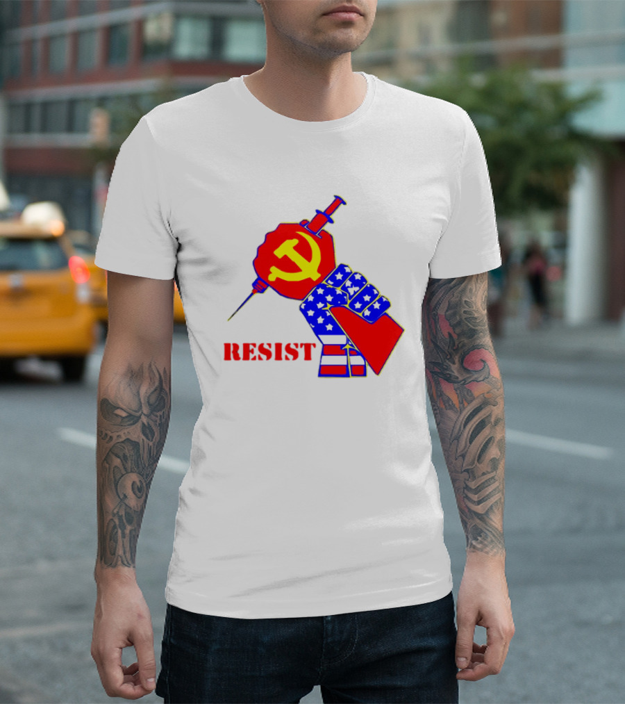 RESIST Communist Hammer and Sickle American Flag Fist Syringe T-Shirt