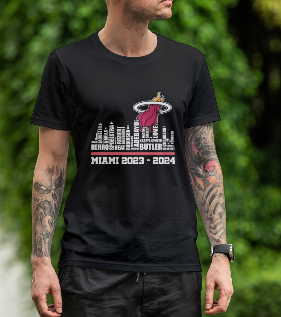 Miami Heat 2023-2024 Player Names With Iconic Flaming Basketball T-Shirt