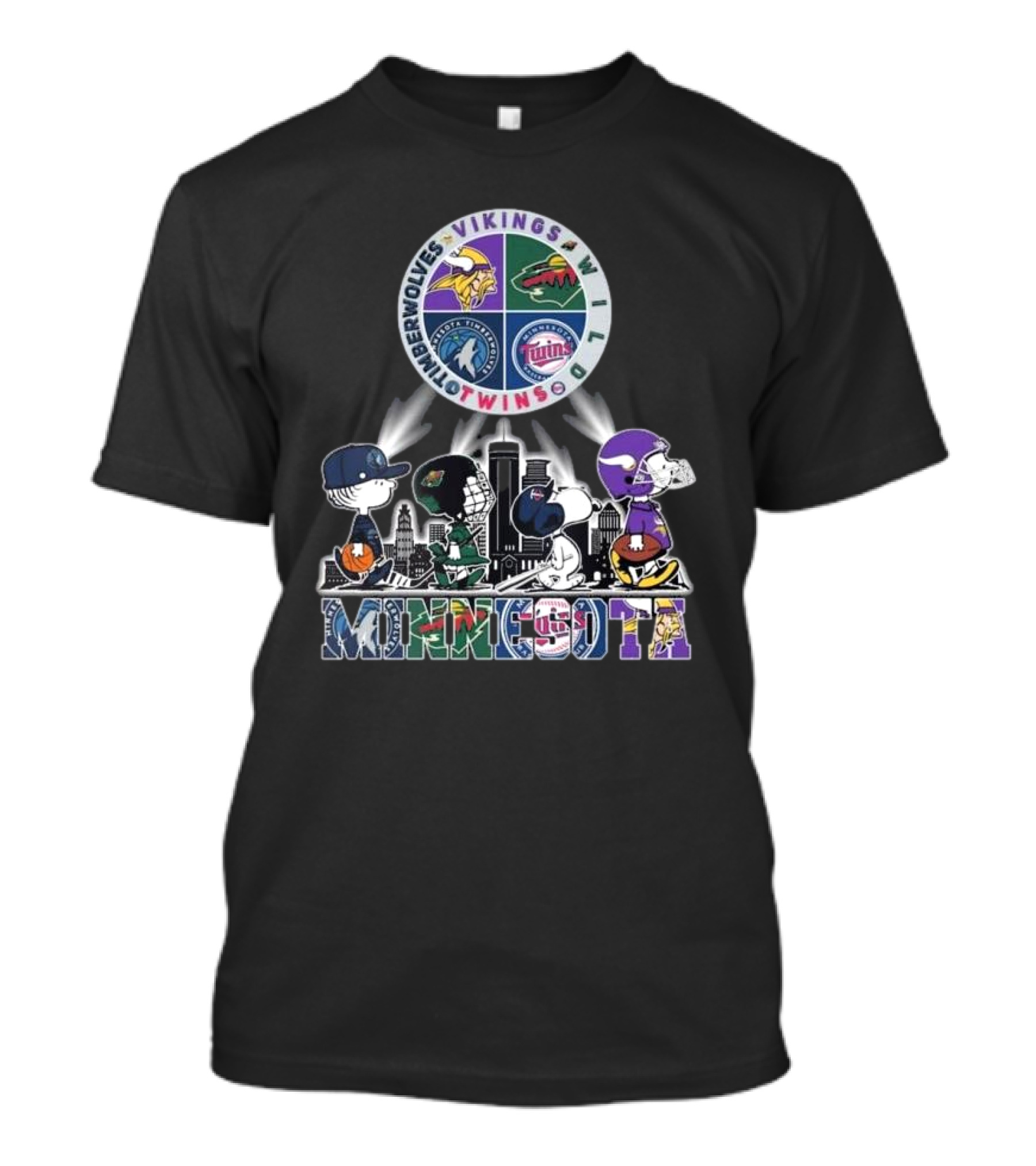 Snoopy Minnesota Vikings Timberwolves Wild Twins Cityscape T-Shirt