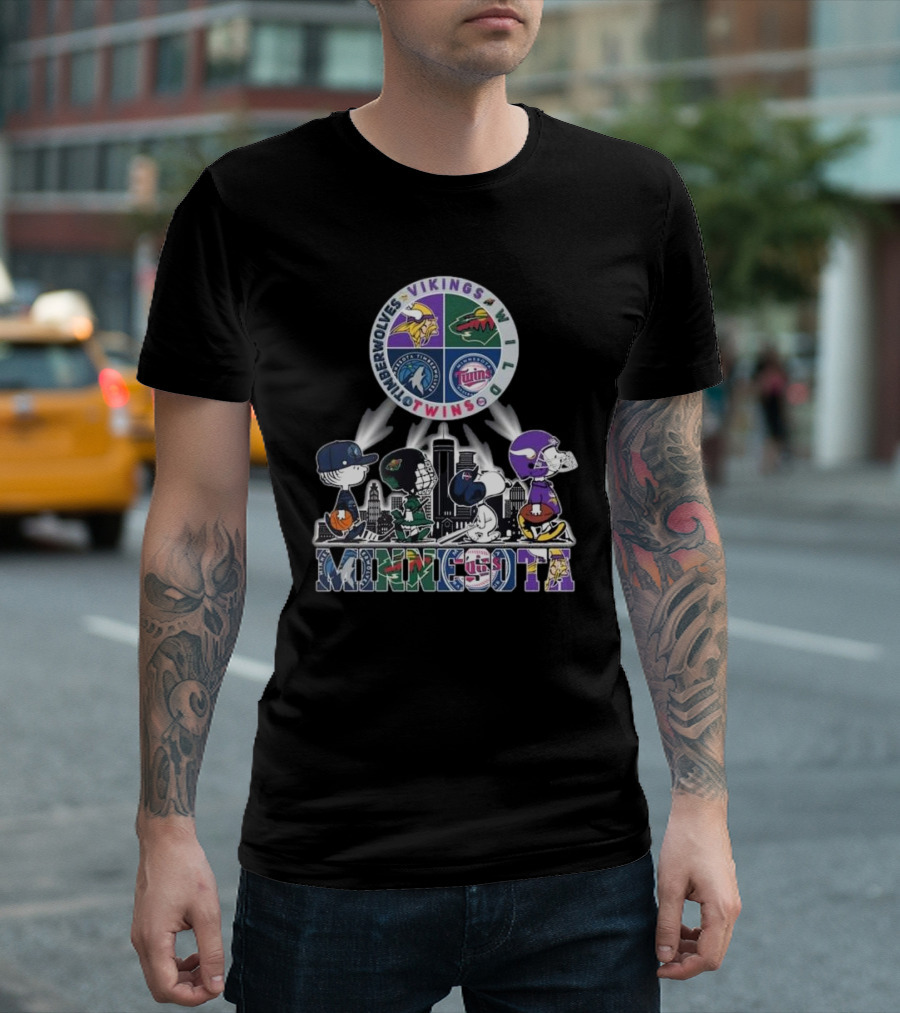 Snoopy Minnesota Vikings Timberwolves Wild Twins Cityscape T-Shirt