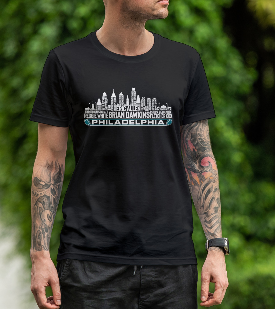 Philadelphia Eagles Football Team Legends Brian Dawkins City Skyline T-Shirt