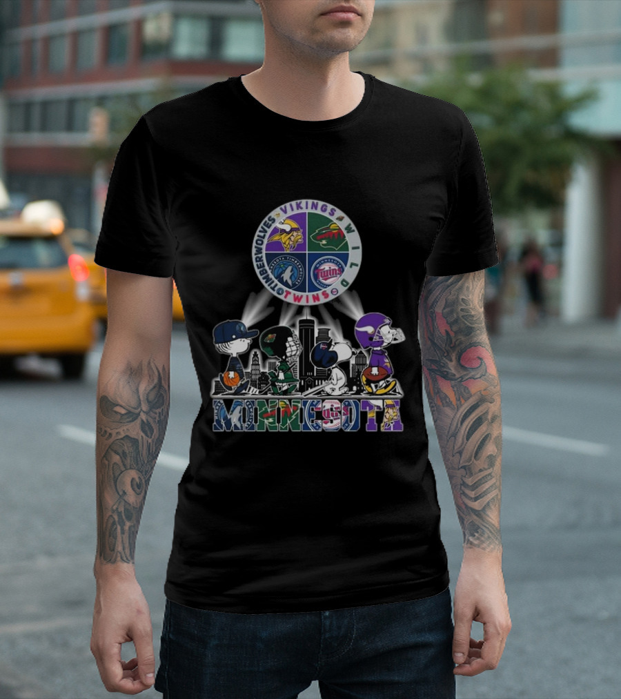 Snoopy Minnesota Twins Vikings Wild Timberwolves Peanuts Sports Logos Skyline T-Shirt