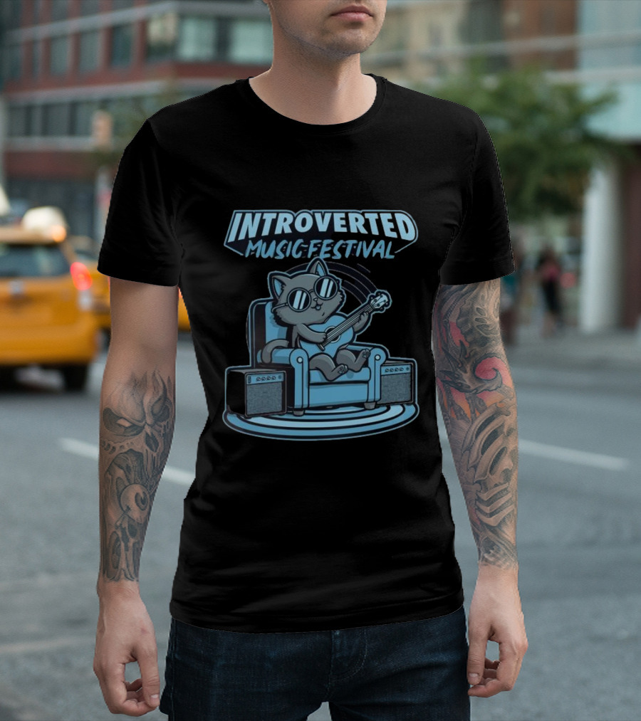 Introverted Music Festival Cat Playing Guitar On Couch With Amplifier T-Shirt