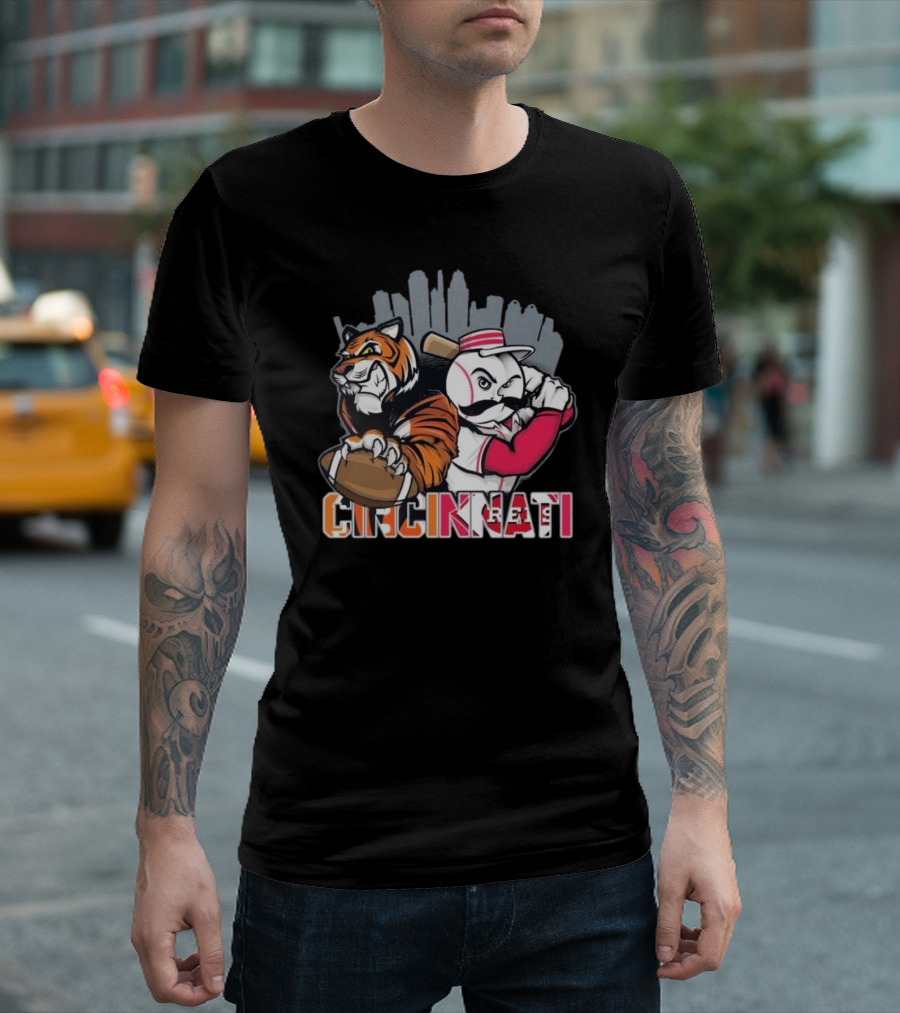 Cincinnati Bengals Tiger With Football and Mr. Redlegs Baseball Skyline T-Shirt
