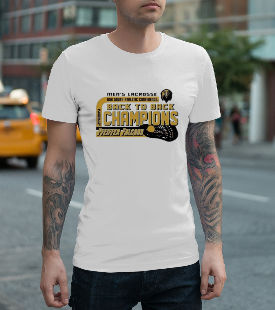 Pfeiffer Falcons Men's Lacrosse USA South Athletic Conference 2024 Back To Back Champions T-Shirt