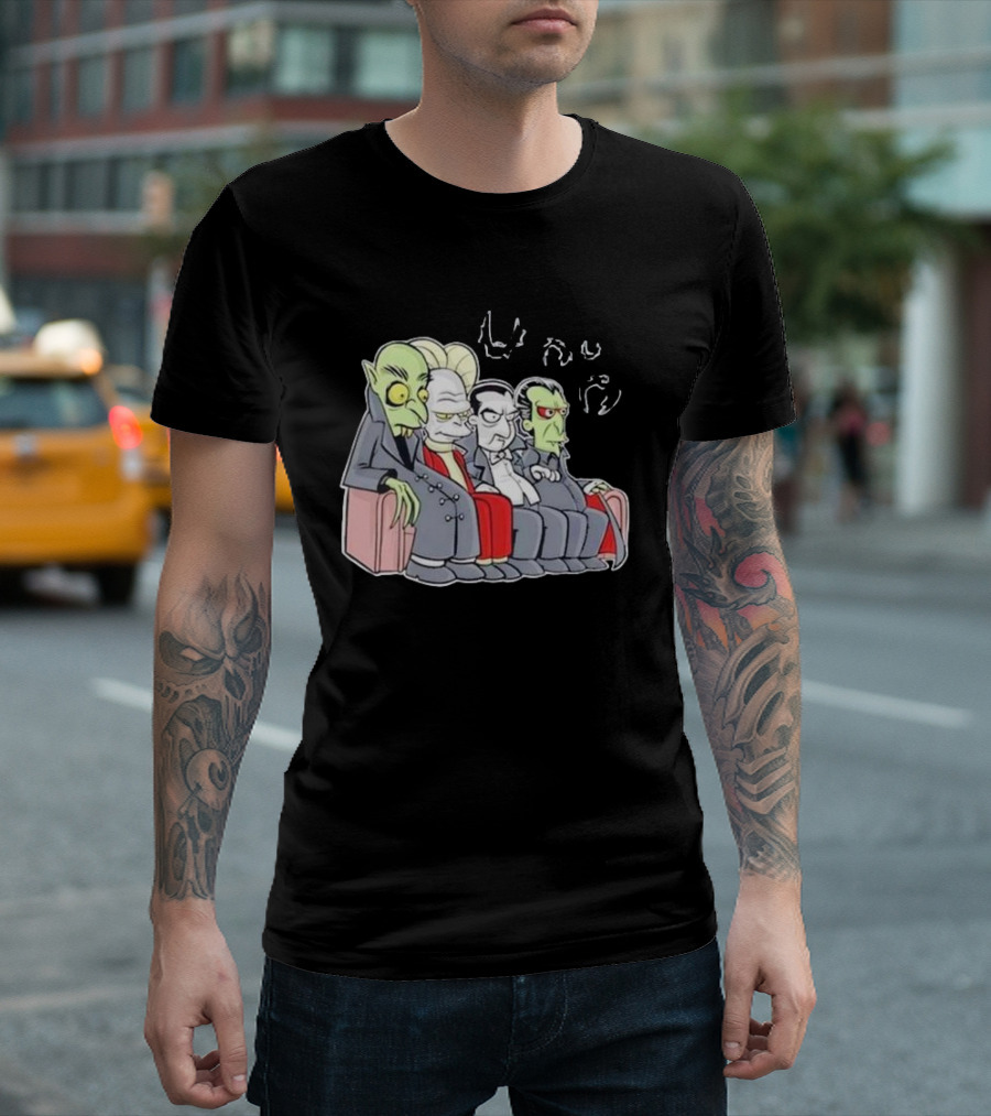 Various Versions Of Dracula Characters Sitting Together On A Couch T-Shirt