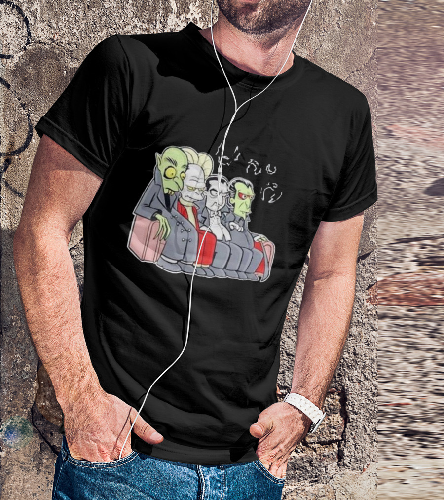Various Versions Of Dracula Characters Sitting Together On A Couch T-Shirt