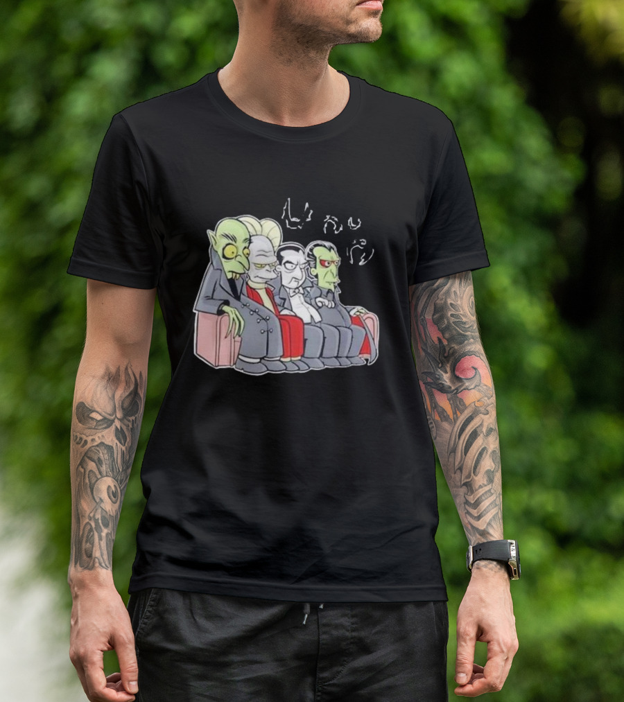Various Versions Of Dracula Characters Sitting Together On A Couch T-Shirt