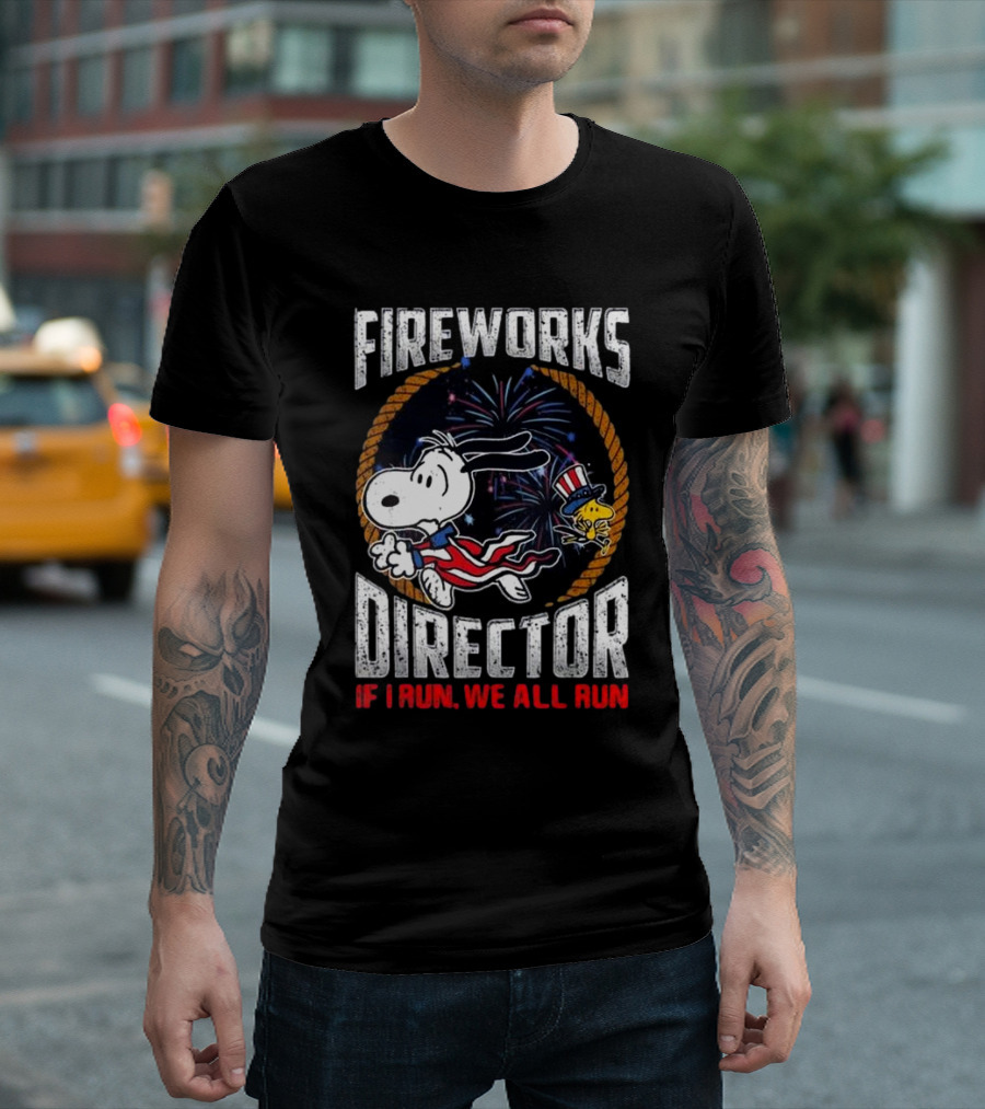 Snoopy Fireworks Director If I Run We All Run 4th Of July Patriotic Scene T-Shirt