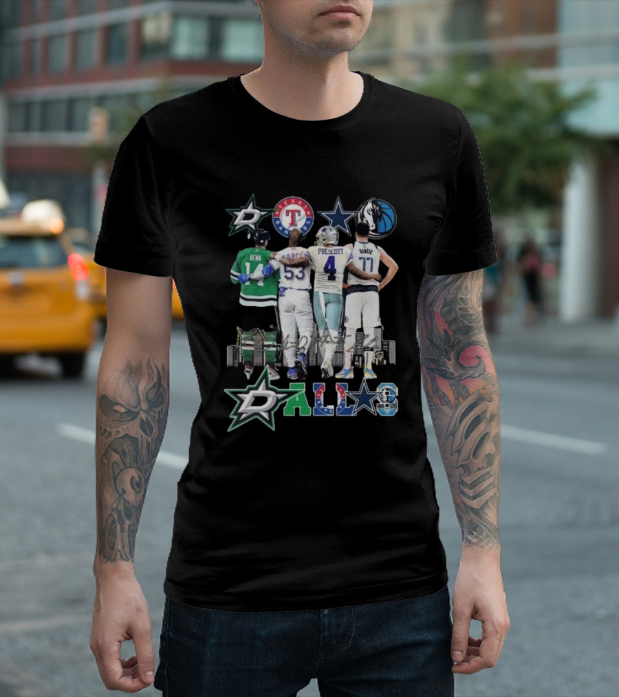 Dallas Stars Texas Rangers Cowboys Mavericks Benn Prescott Ware Doncic Signatures T-Shirt