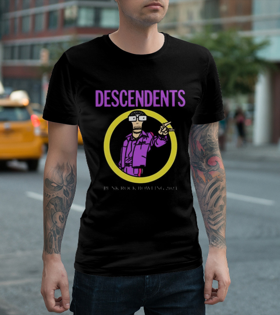 Descendents Punk Rock Bowling 2024 Cartoon Character with Glasses and Peace Sign in Yellow Circle T-Shirt