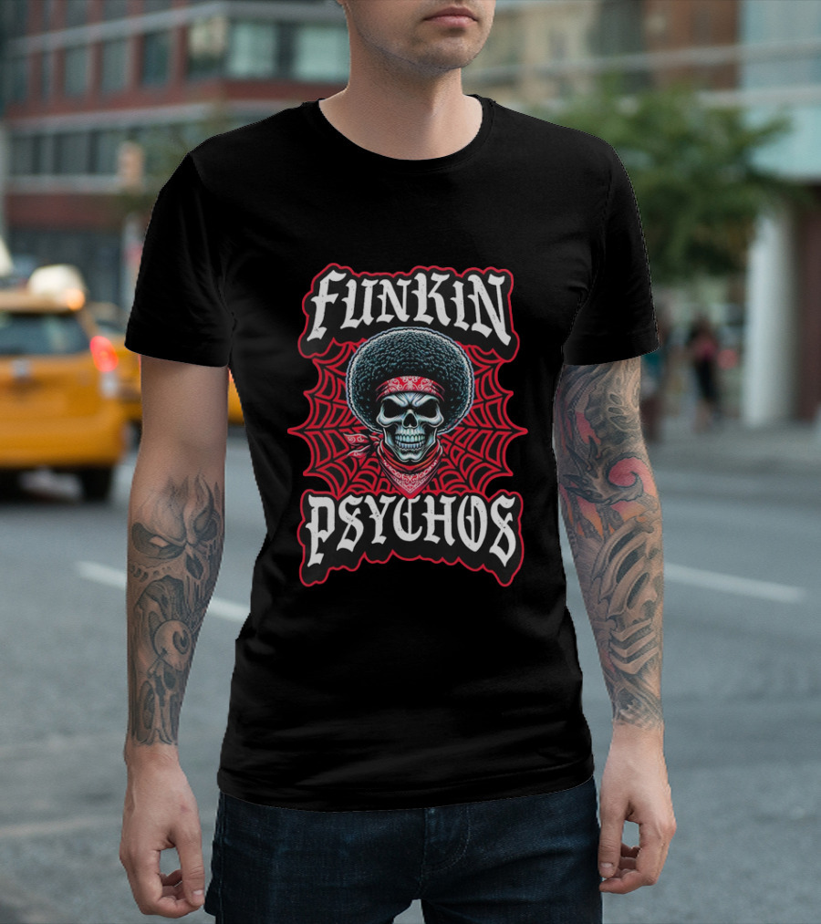 Funkin Psychos Afro Skull Red Bandana Web T-Shirt