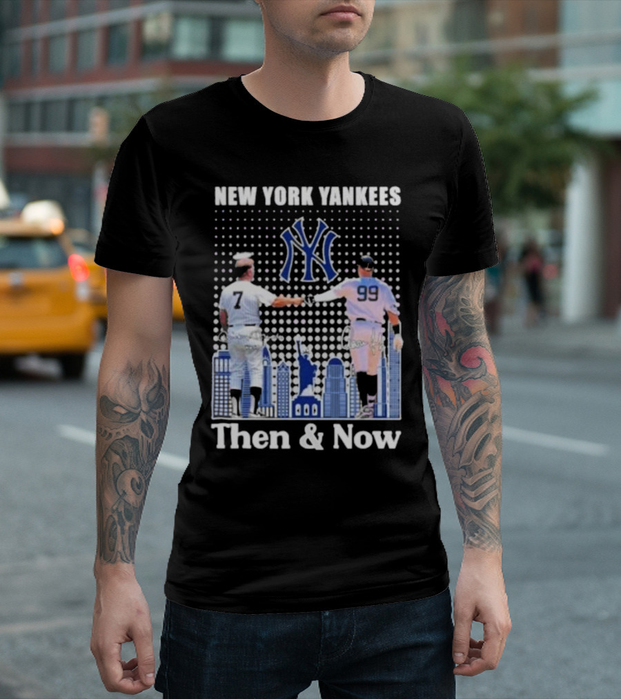 New York Yankees Then and Now Mickey Mantle 7 Aaron Judge 99 Signatures T-Shirt