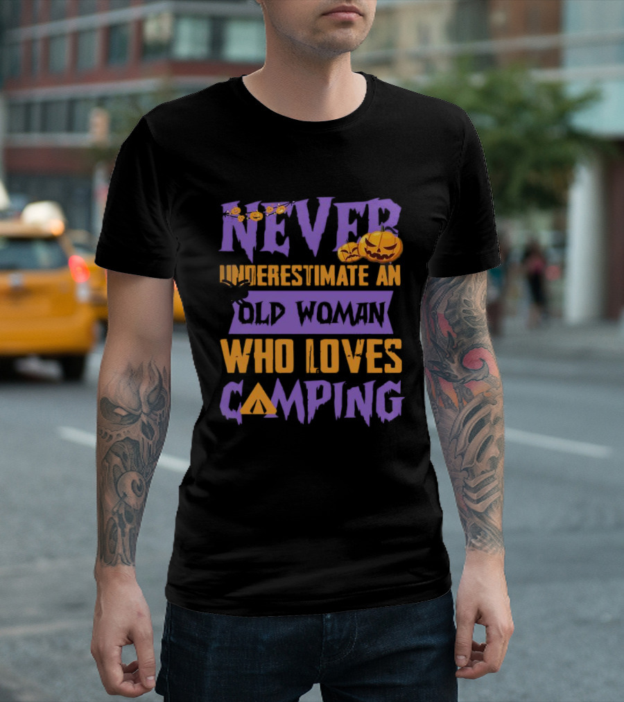Never Underestimate An Old Woman Who Loves Camping Halloween Pumpkin Spider T-Shirt