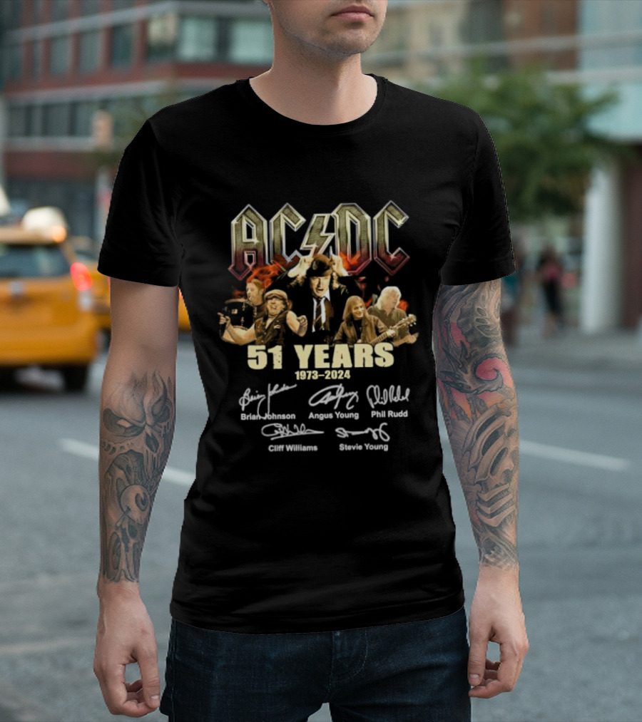 AC DC 51 Years 1973-2024 Signatures Brian Johnson Angus Young Phil Rudd Cliff Williams Stevie Young T-Shirt