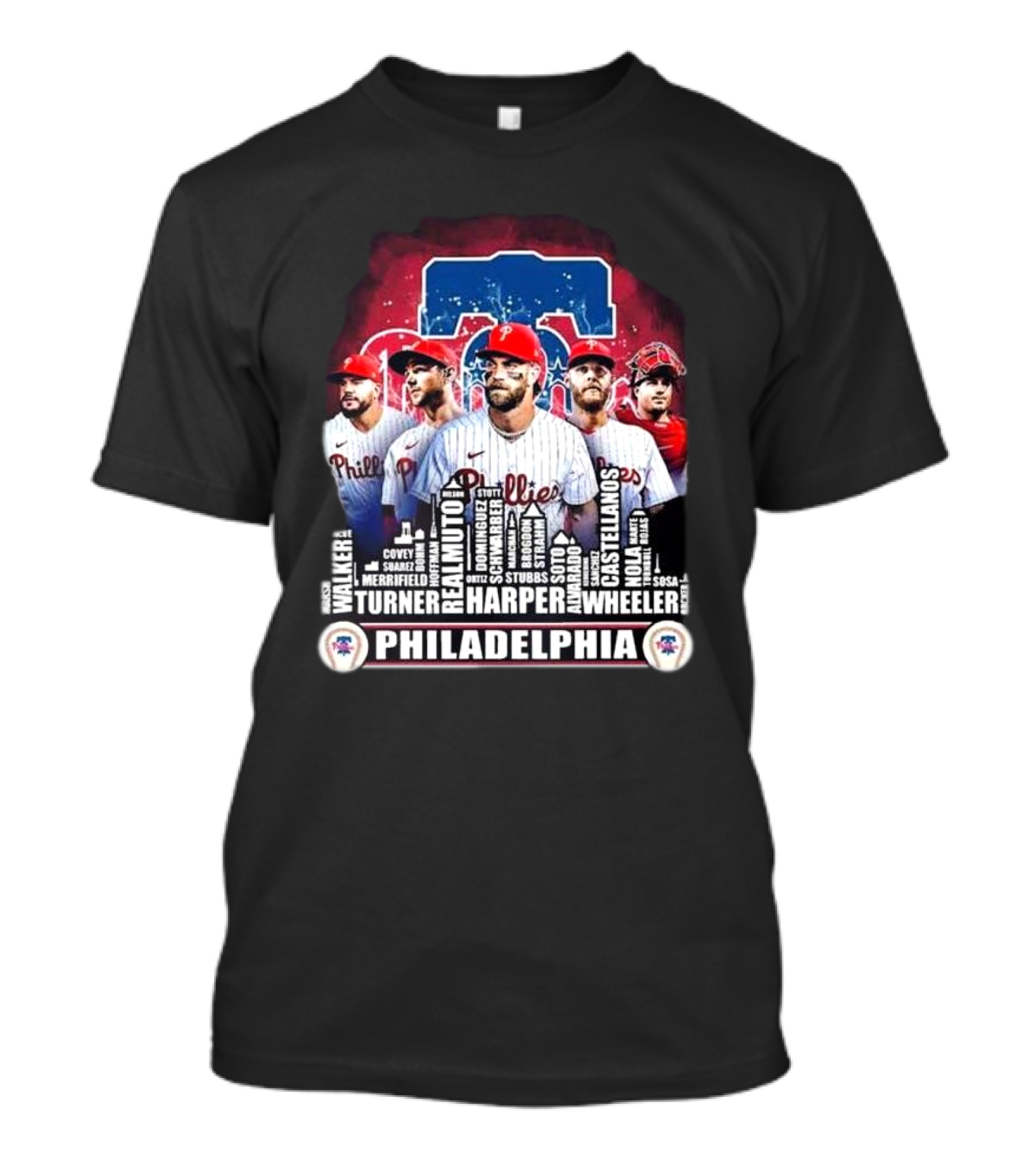 Philadelphia Phillies Harper Realmuto Turner Castellanos Wheeler 2024 City Skyline T-Shirt