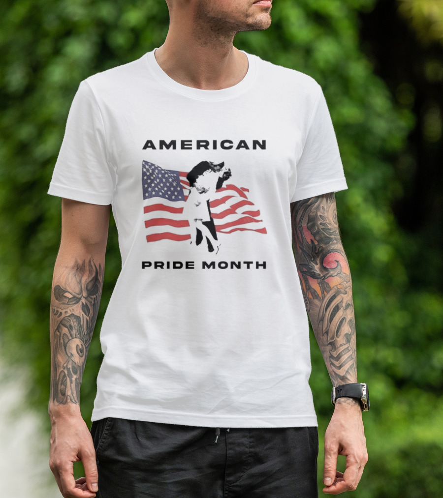 American Pride Month Celebration With Patriotic Flag And Couple Hugging T-Shirt