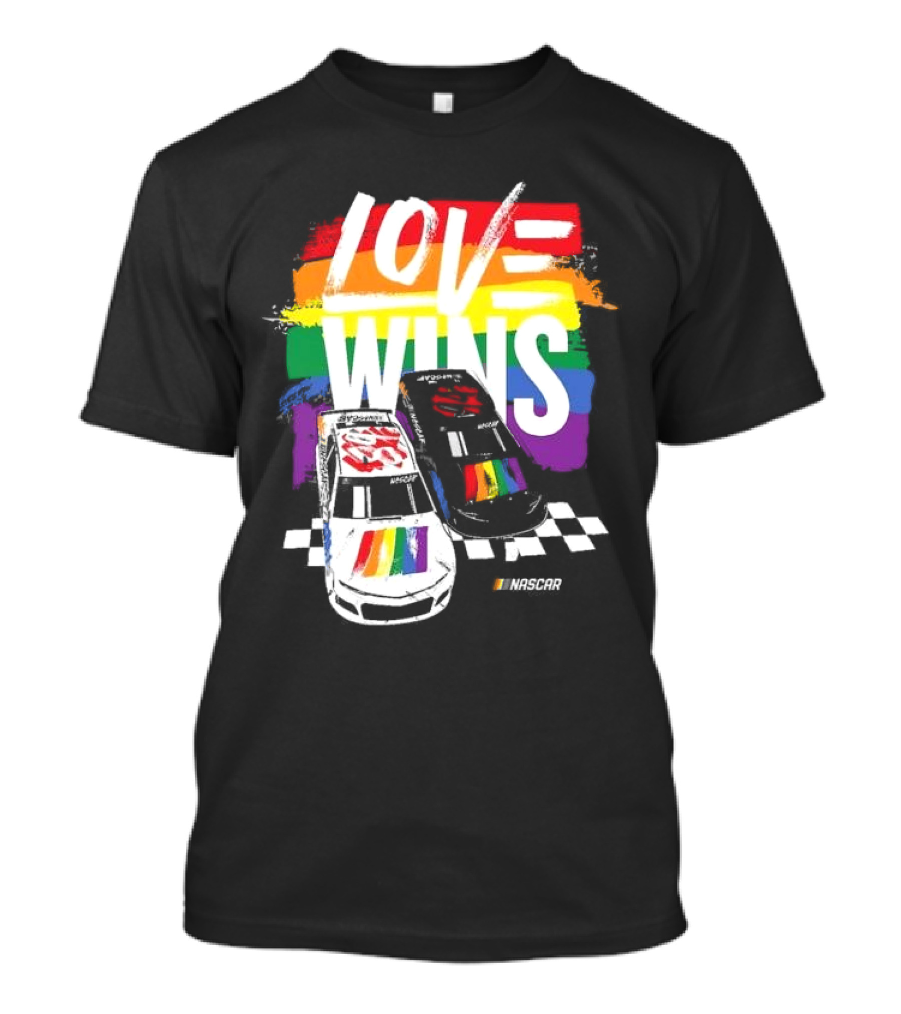 NASCAR Love Wins 2024 Checkered Flag Sports Black Rainbow Pride T-Shirt