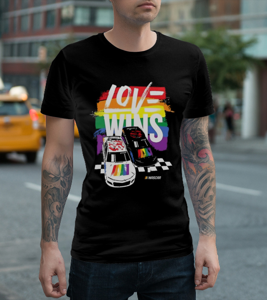 NASCAR Love Wins 2024 Checkered Flag Sports Black Rainbow Pride T-Shirt