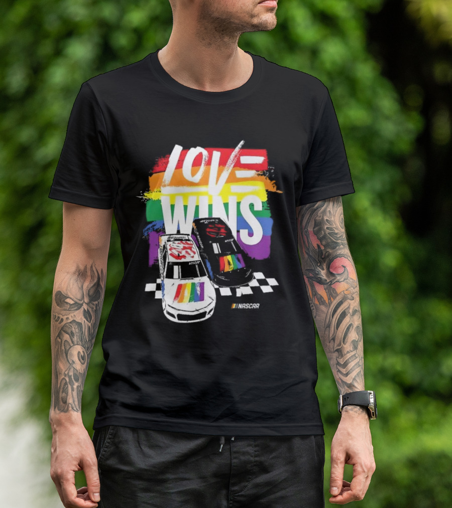 NASCAR Love Wins 2024 Checkered Flag Sports Black Rainbow Pride T-Shirt