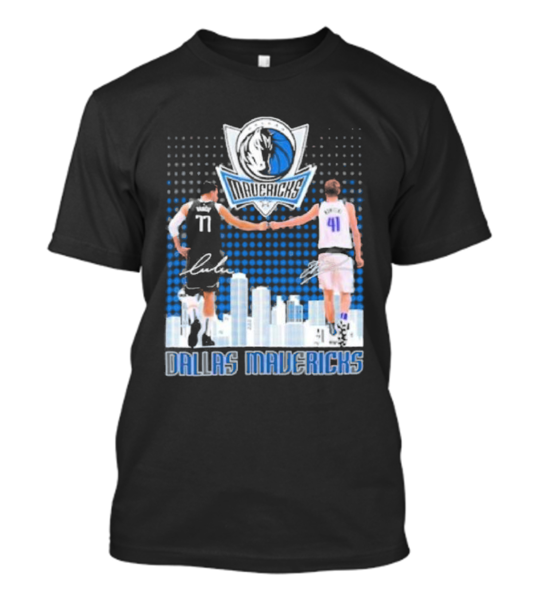 Dallas Mavericks Luka Doncic Dirk Nowitzki Handshake Signatures Skyline T-Shirt
