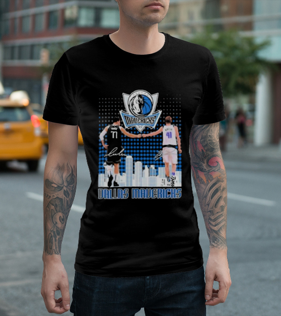 Dallas Mavericks Luka Doncic Dirk Nowitzki Handshake Signatures Skyline T-Shirt