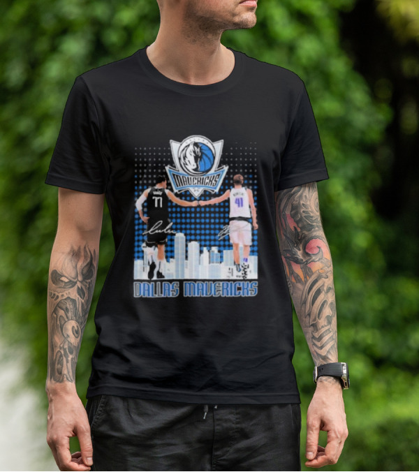 Dallas Mavericks Luka Doncic Dirk Nowitzki Handshake Signatures Skyline T-Shirt