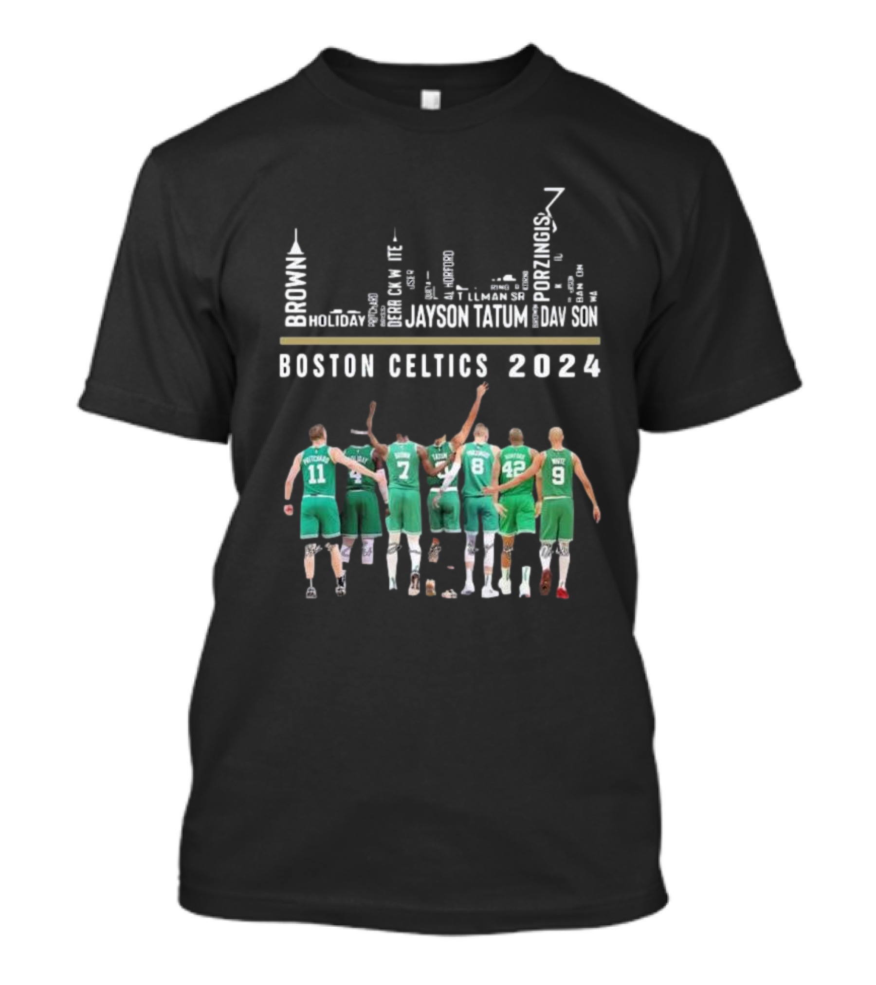 Boston Celtics 2024 Jayson Tatum Brown Porzingis Holiday Basketball Team Skyline T-Shirt