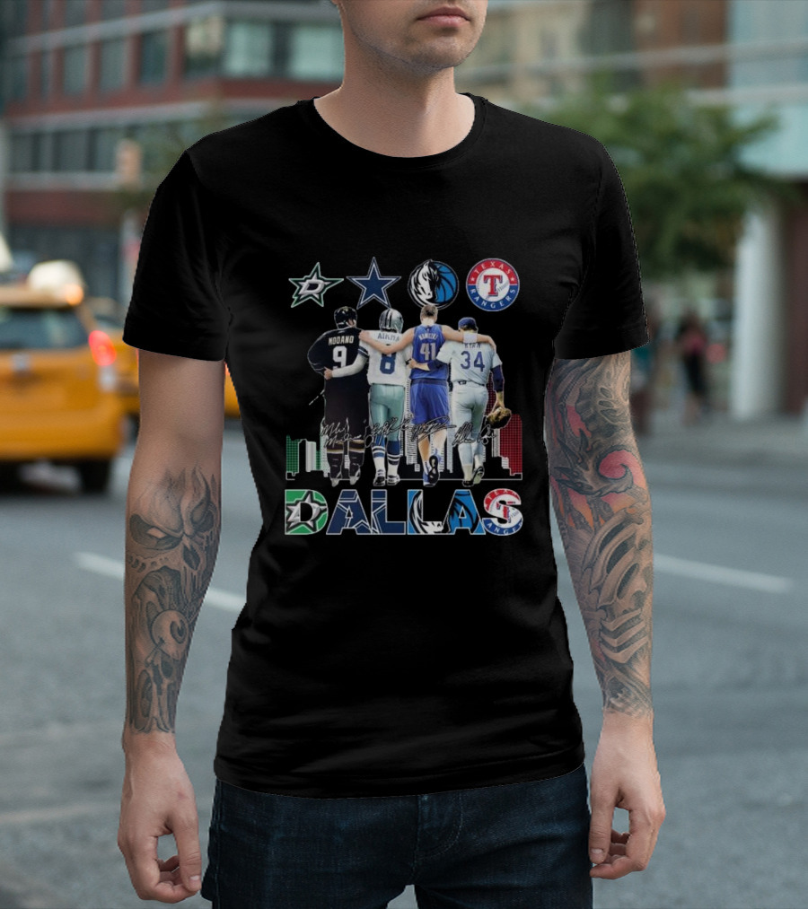 Dallas Stars Cowboys Mavericks Rangers Mike Modano Troy Aikman Dirk Nowitzki Nolan Ryan Signatures T-Shirt