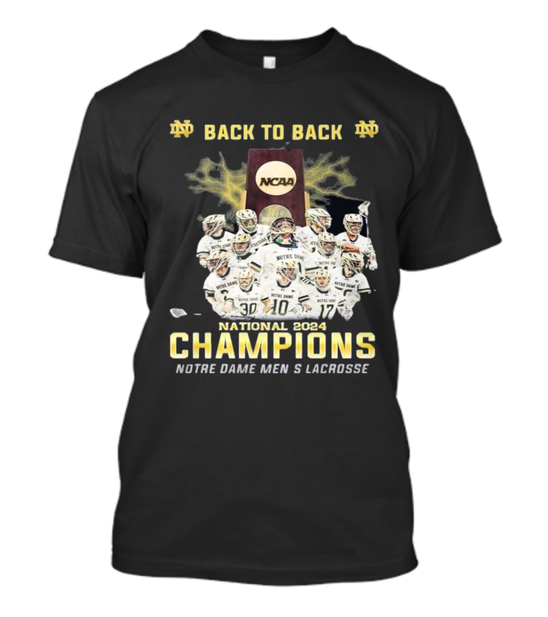 Notre Dame Fighting Irish Back-to-Back 2024 NCAA National Champions Men’s Lacrosse T-Shirt
