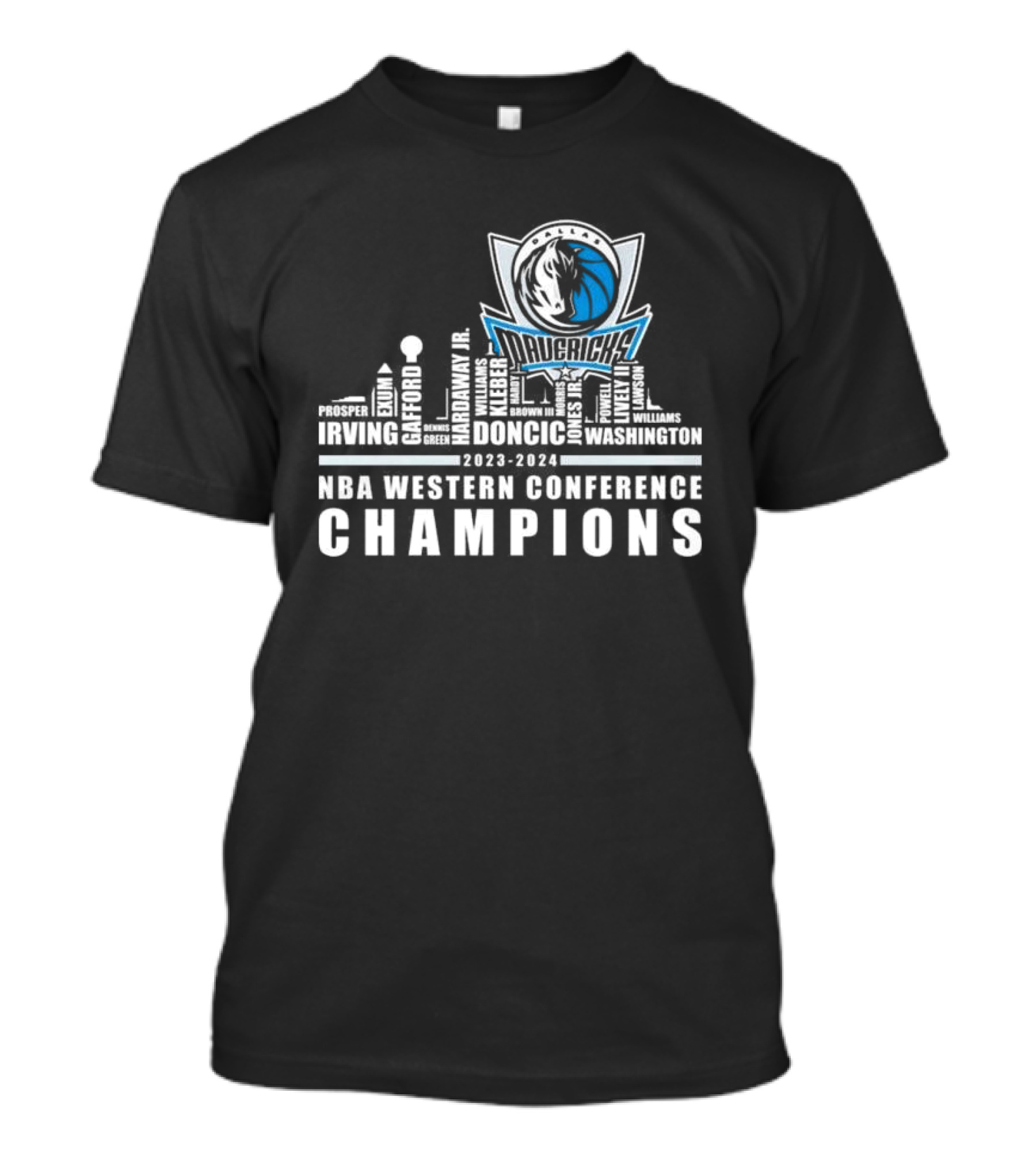 Dallas Mavericks Skyline 2023-2024 NBA Western Conference Champions Player Names Irving Doncic Wood Green T-Shirt