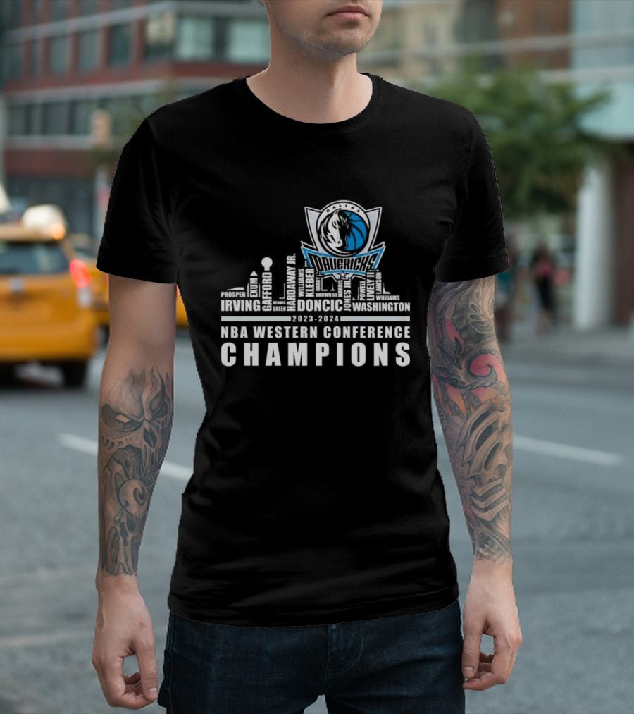 Dallas Mavericks Skyline 2023-2024 NBA Western Conference Champions Player Names Irving Doncic Wood Green T-Shirt