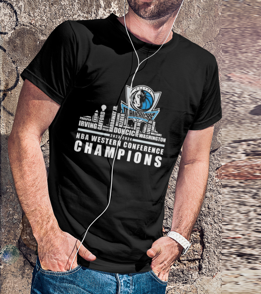 Dallas Mavericks Skyline 2023-2024 NBA Western Conference Champions Player Names Irving Doncic Wood Green T-Shirt
