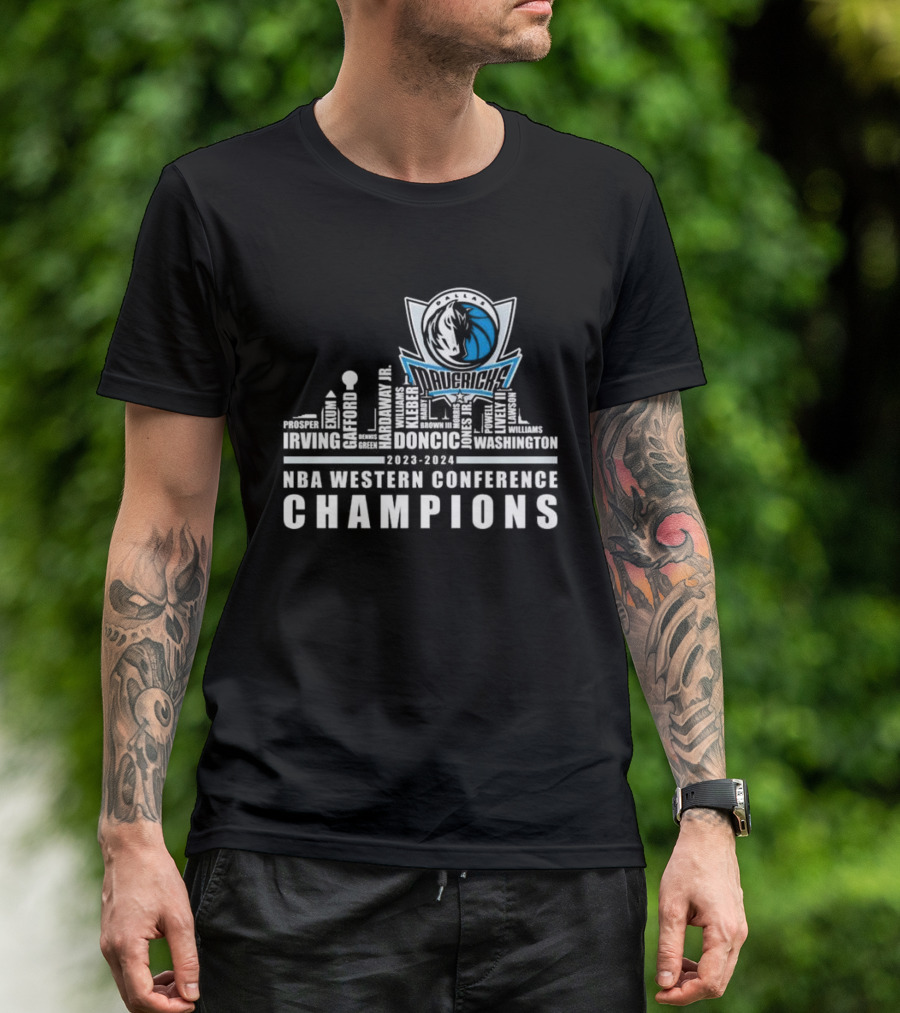 Dallas Mavericks Skyline 2023-2024 NBA Western Conference Champions Player Names Irving Doncic Wood Green T-Shirt
