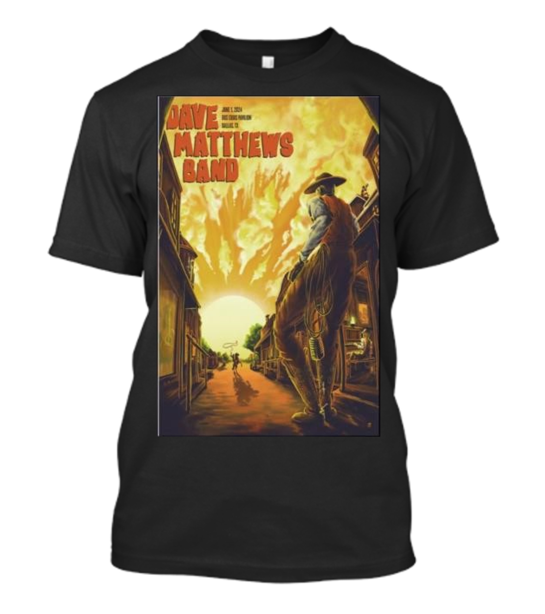 Dave Matthews Band June 1 2024 Dos Equis Pavilion Dallas TX Cowboy Fire Sunset Scene T-Shirt