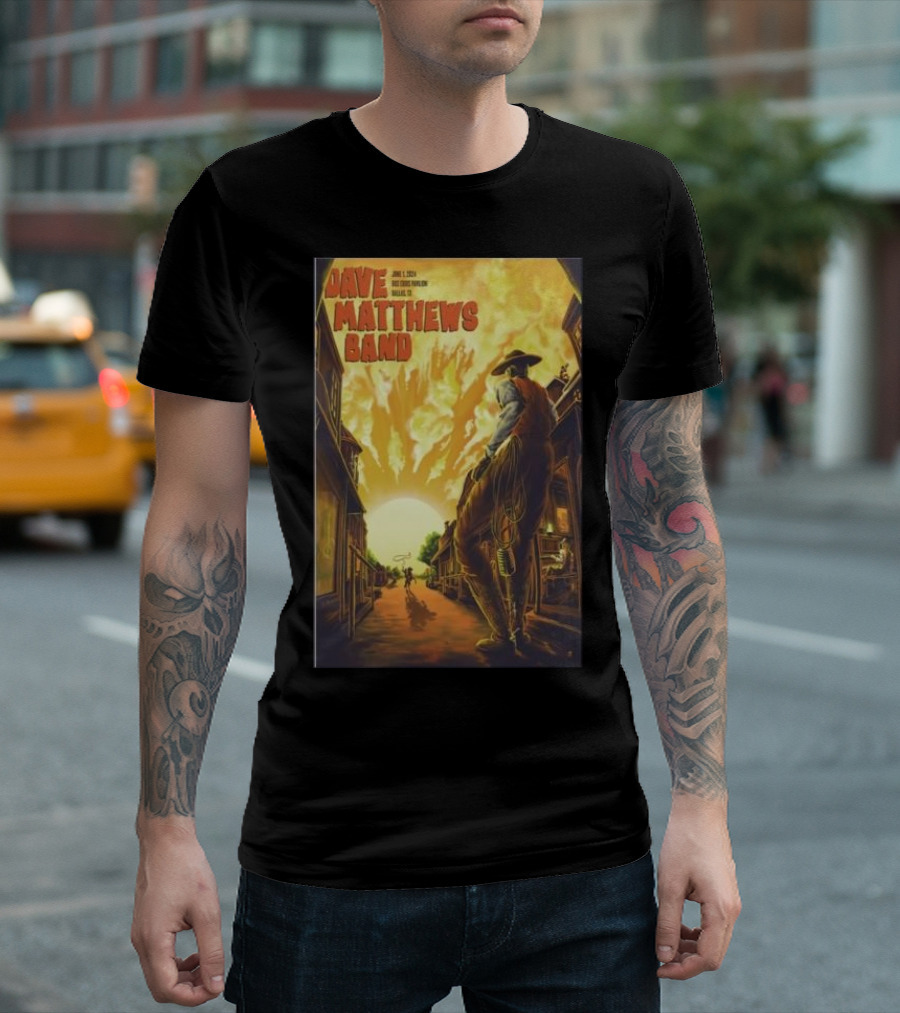 Dave Matthews Band June 1 2024 Dos Equis Pavilion Dallas TX Cowboy Fire Sunset Scene T-Shirt