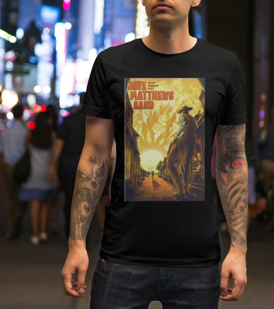 Dave Matthews Band June 1 2024 Dos Equis Pavilion Dallas TX Cowboy Fire Sunset Scene T-Shirt