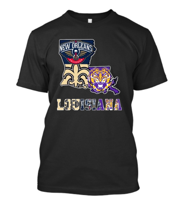 New Orleans Pelicans Tigers Saints Louisiana Map T-Shirt