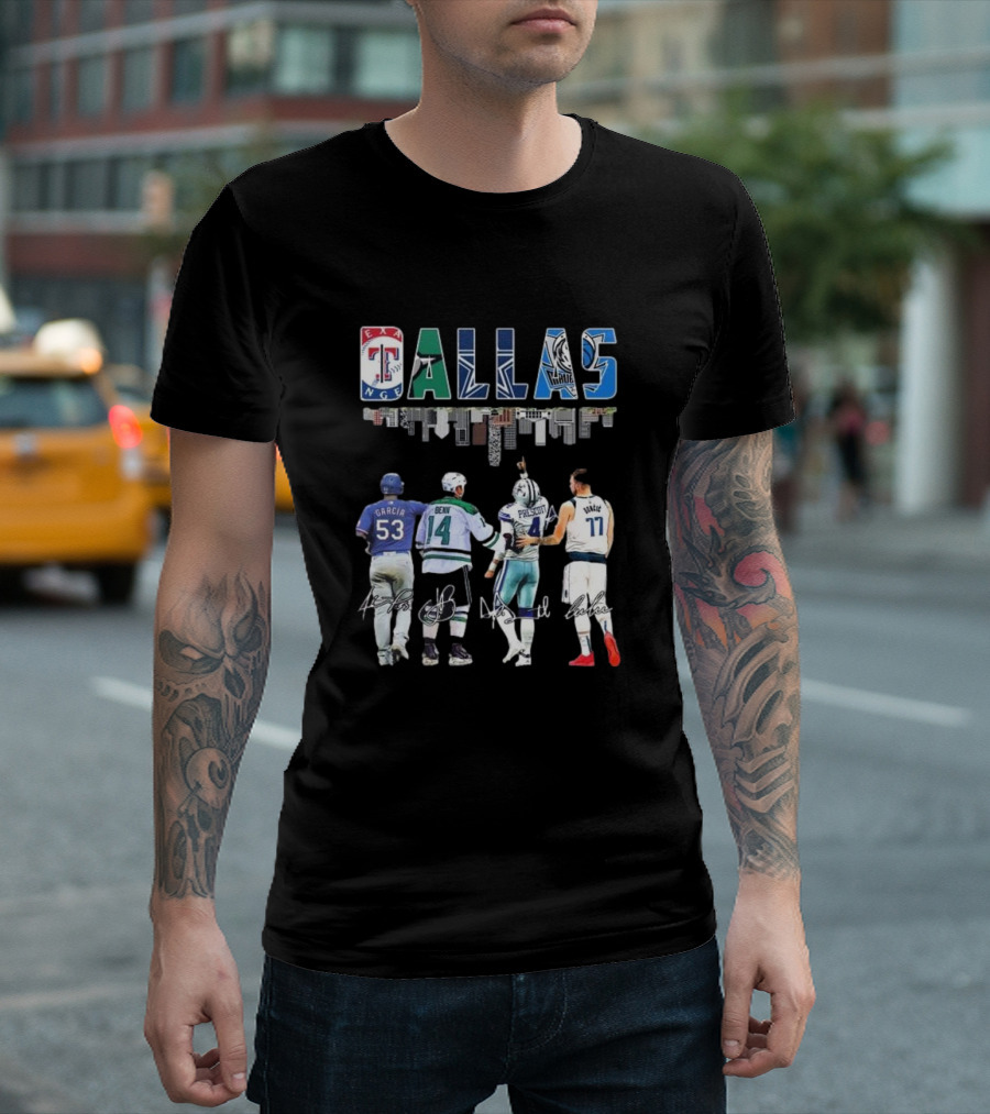 Texas Rangers Garcia Dallas Stars Benn Dallas Cowboys Prescott Dallas Mavericks Doncic Signatures Skyline T-Shirt