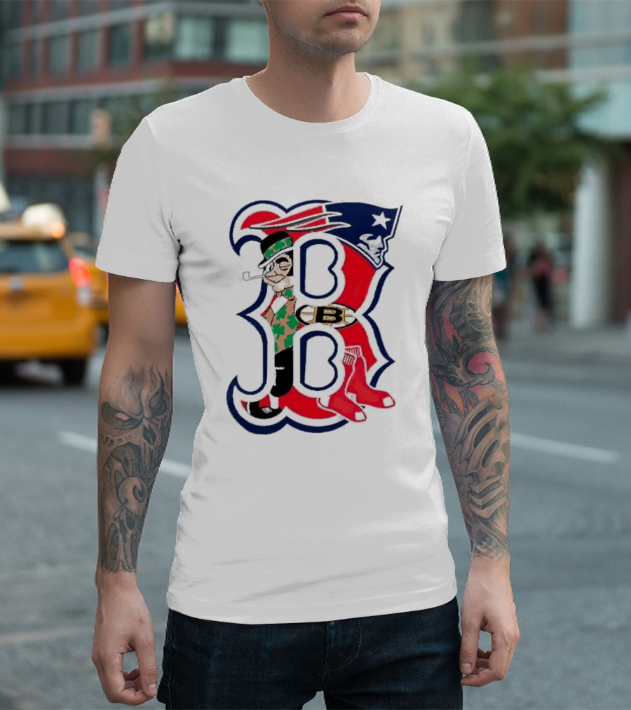 Boston Red Sox B Mashup with Patriots Bruins Celtics Symbols T-Shirt