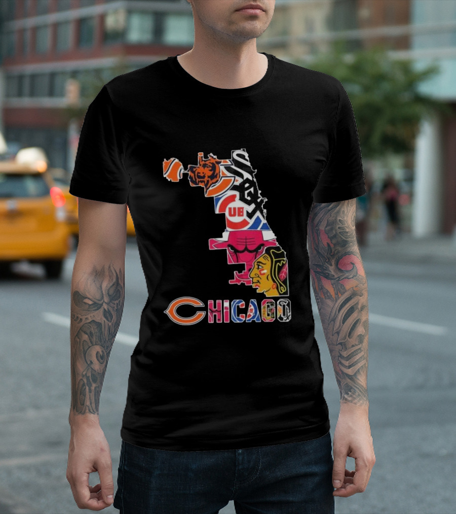 Chicago Cubs White Sox Bulls Bears Blackhawks Maps T-Shirt
