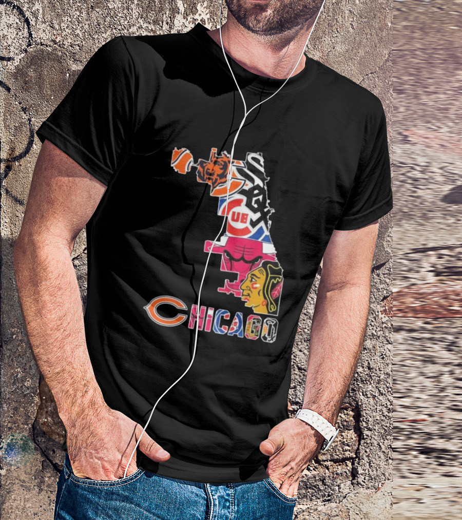 Chicago Cubs White Sox Bulls Bears Blackhawks Maps T-Shirt