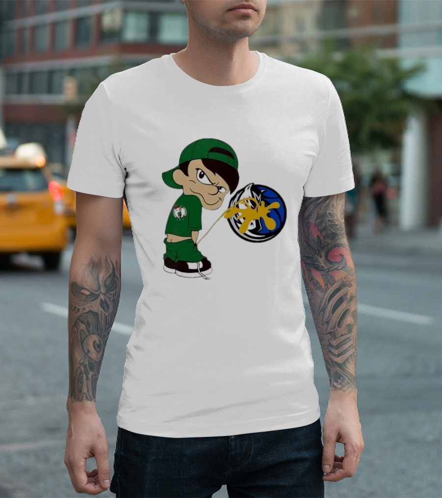 Little Boy Boston Celtics Piss On Dallas Mavericks Logo T-Shirt