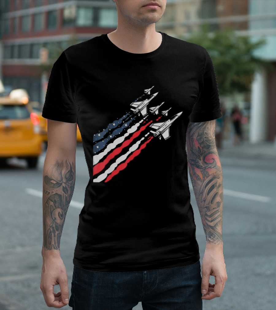 Vintage Patriotic Fighter Jet Airplane with American Flag Trail T-Shirt